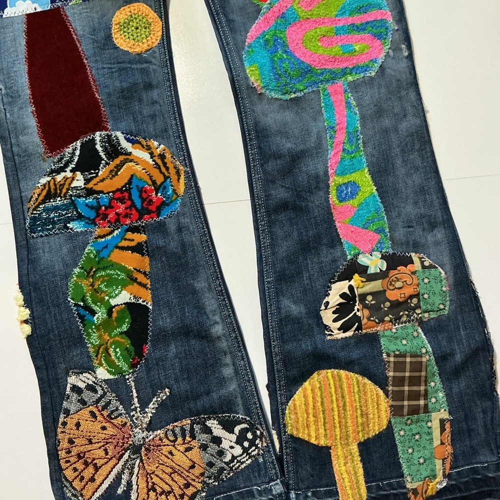 Diesel Zathan Bootcut Mushroom Shrooms Butterfly Floral Patchwork Denim Jeans - Picture 3 of 7